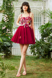 Burgundy A Line Spaghetti Straps Short Formal Dress With 3D Flowers