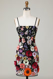 Bodycon Spaghetti Straps Black Short Formal Dress with 3D Flowers