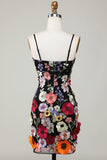 Bodycon Spaghetti Straps Black Short Formal Dress with 3D Flowers