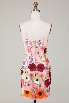 Sheath Spaghetti Straps Blush Short Formal Dress with 3D Flowers