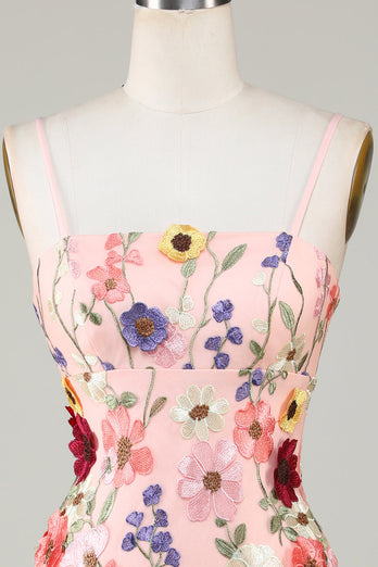 Sheath Spaghetti Straps Blush Short Formal Dress with 3D Flowers