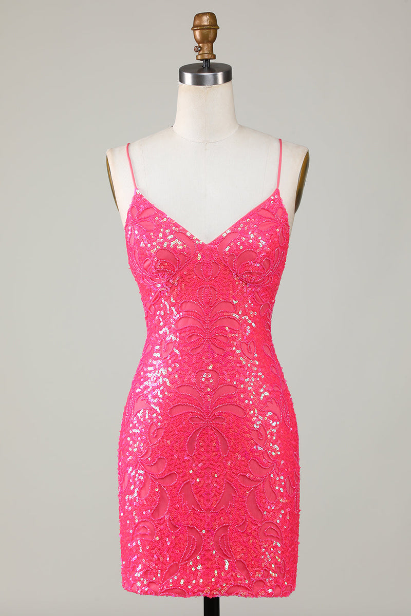 Load image into Gallery viewer, Sparkly Fuchsia Beaded Tight Semi Formal Dress