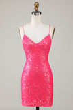 Sparkly Fuchsia Beaded Tight Semi Formal Dress