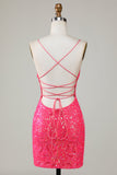 Sparkly Fuchsia Beaded Tight Semi Formal Dress