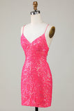 Sparkly Fuchsia Beaded Tight Semi Formal Dress