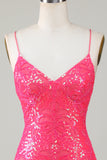 Sparkly Fuchsia Beaded Tight Semi Formal Dress