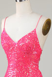 Sparkly Fuchsia Beaded Tight Semi Formal Dress