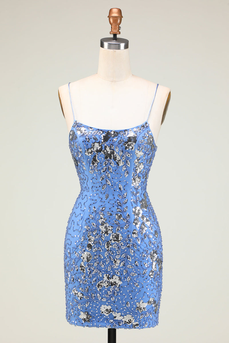 Load image into Gallery viewer, Sparkly Sheath Spaghetti Straps Grey Blue Sequins Short Formal Dress with Criss Cross Back