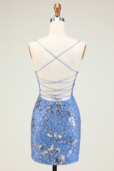Sparkly Sheath Spaghetti Straps Grey Blue Sequins Short Formal Dress with Criss Cross Back