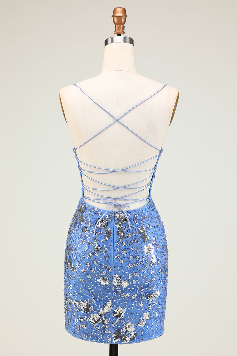 Load image into Gallery viewer, Sparkly Sheath Spaghetti Straps Grey Blue Sequins Short Formal Dress with Criss Cross Back