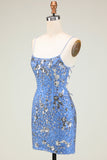 Sparkly Sheath Spaghetti Straps Grey Blue Sequins Short Formal Dress with Criss Cross Back