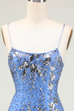 Sparkly Sheath Spaghetti Straps Grey Blue Sequins Short Formal Dress with Criss Cross Back