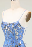 Sparkly Sheath Spaghetti Straps Grey Blue Sequins Short Formal Dress with Criss Cross Back