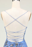 Sparkly Sheath Spaghetti Straps Grey Blue Sequins Short Formal Dress with Criss Cross Back