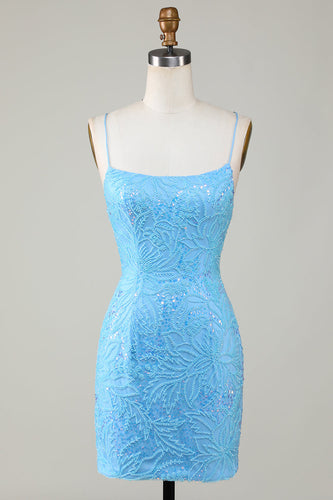 Sparkly Blue Beaded Tight Short Formal Dress