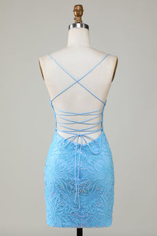 Sparkly Blue Beaded Tight Short Formal Dress