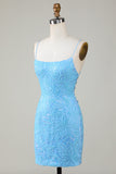 Sparkly Blue Beaded Tight Short Formal Dress