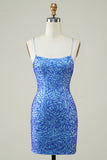 Spaghetti Straps Blue Tight Glitter Short Formal Dress with Beading