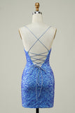 Spaghetti Straps Blue Tight Glitter Short Formal Dress with Beading