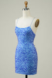 Spaghetti Straps Blue Tight Glitter Short Formal Dress with Beading