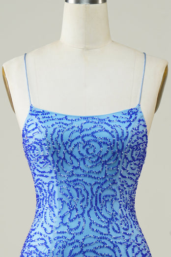 Spaghetti Straps Blue Tight Glitter Short Formal Dress with Beading