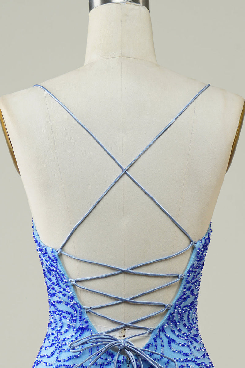 Load image into Gallery viewer, Spaghetti Straps Blue Tight Glitter Short Formal Dress with Beading
