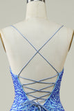 Spaghetti Straps Blue Tight Glitter Short Formal Dress with Beading