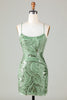 Load image into Gallery viewer, Sparkly Sheath Spaghetti Straps Green Short Formal Dress with Criss Cross Back