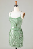 Sparkly Sheath Spaghetti Straps Green Short Formal Dress with Criss Cross Back