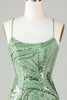 Load image into Gallery viewer, Sparkly Sheath Spaghetti Straps Green Short Formal Dress with Criss Cross Back