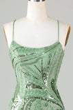 Sparkly Sheath Spaghetti Straps Green Short Formal Dress with Criss Cross Back