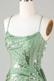 Sparkly Sheath Spaghetti Straps Green Short Formal Dress with Criss Cross Back