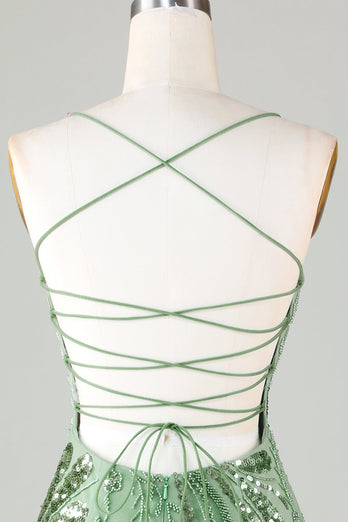 Sparkly Sheath Spaghetti Straps Green Short Formal Dress with Criss Cross Back