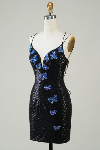 Black Glitter Tight Short Formal Dress with Sequins Butterflies