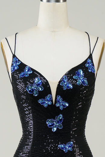 Black Glitter Tight Short Formal Dress with Sequins Butterflies