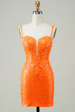 Glitter Orange Tight Short Formal Dress with Beading