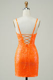 Glitter Orange Tight Short Formal Dress with Beading