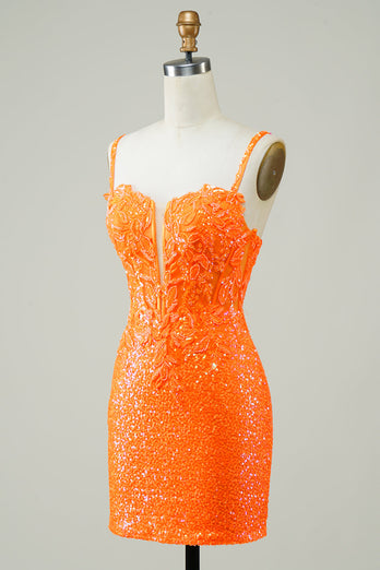Glitter Orange Tight Short Formal Dress with Beading