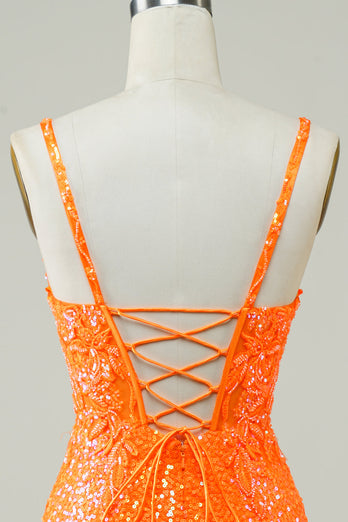 Glitter Orange Tight Short Formal Dress with Beading