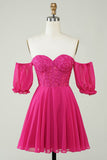 Fuchsia Corset A-Line Chiffon Short Formal Dress with Lace