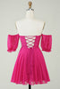 Load image into Gallery viewer, Fuchsia Corset A-Line Chiffon Short Formal Dress with Lace
