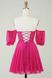 Fuchsia Corset A-Line Chiffon Short Formal Dress with Lace