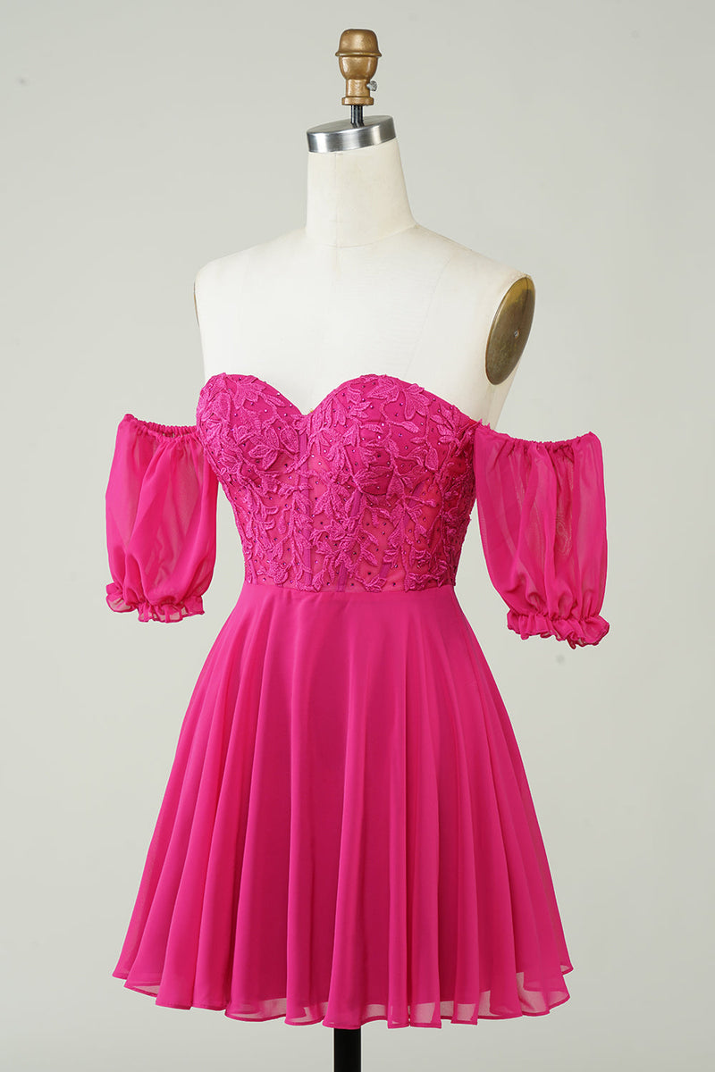 Load image into Gallery viewer, Fuchsia Corset A-Line Chiffon Short Formal Dress with Lace