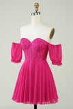 Fuchsia Corset A-Line Chiffon Short Formal Dress with Lace