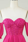 Fuchsia Corset A-Line Chiffon Short Formal Dress with Lace