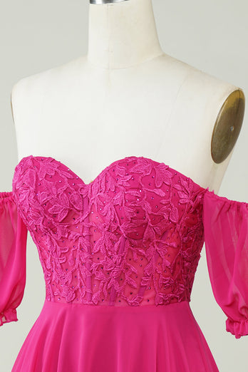 Fuchsia Corset A-Line Chiffon Short Formal Dress with Lace