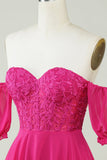 Fuchsia Corset A-Line Chiffon Short Formal Dress with Lace