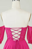 Fuchsia Corset A-Line Chiffon Short Formal Dress with Lace