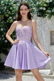 Cute A Line Spaghetti Straps Purple Corset Short Formal Dress with Criss Cross Back