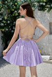 Cute A Line Spaghetti Straps Purple Corset Short Formal Dress with Criss Cross Back